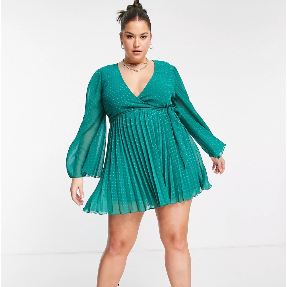 ASOS DESIGN Curve Green textured pleated wrap mini dress